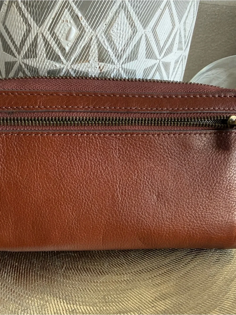 Fossil Leather Zip Wallet in Deep Rust